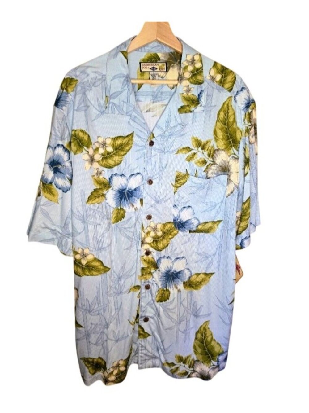 Caribbean Joe Let Go Hawaiian Shirt Mens Large Blue Floral 100% Rayon NWT